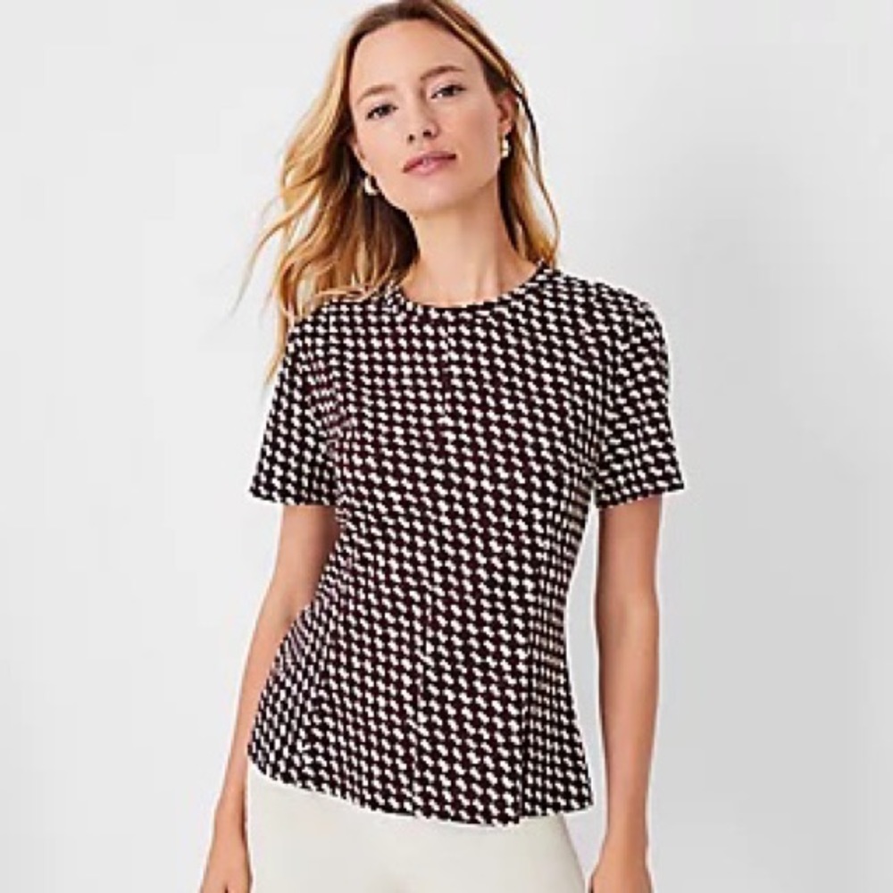 Ann Taylor HOUNDSTOOTH SEAMED PEPLUM TOP